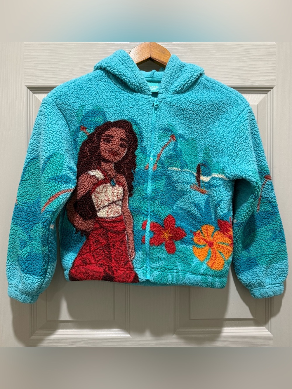 Disney Moana 2 Sherpa Jacket Girls 7/8 Aqua Blue Plush Graphic Hoodie⁠